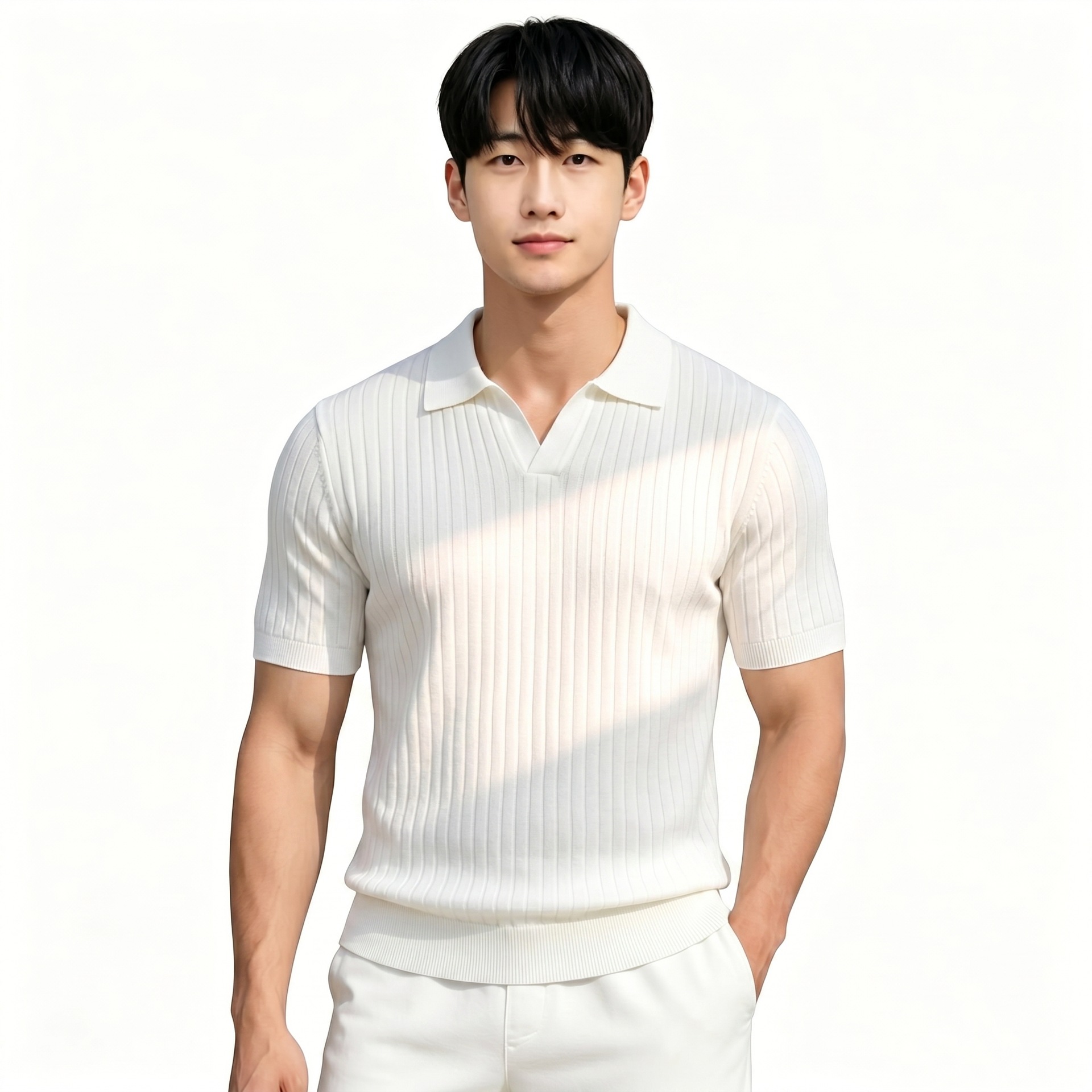Notch-collar Striped Half-zip Knit T-shirt Notch-collar Striped Half-zip Knit T-shirt
