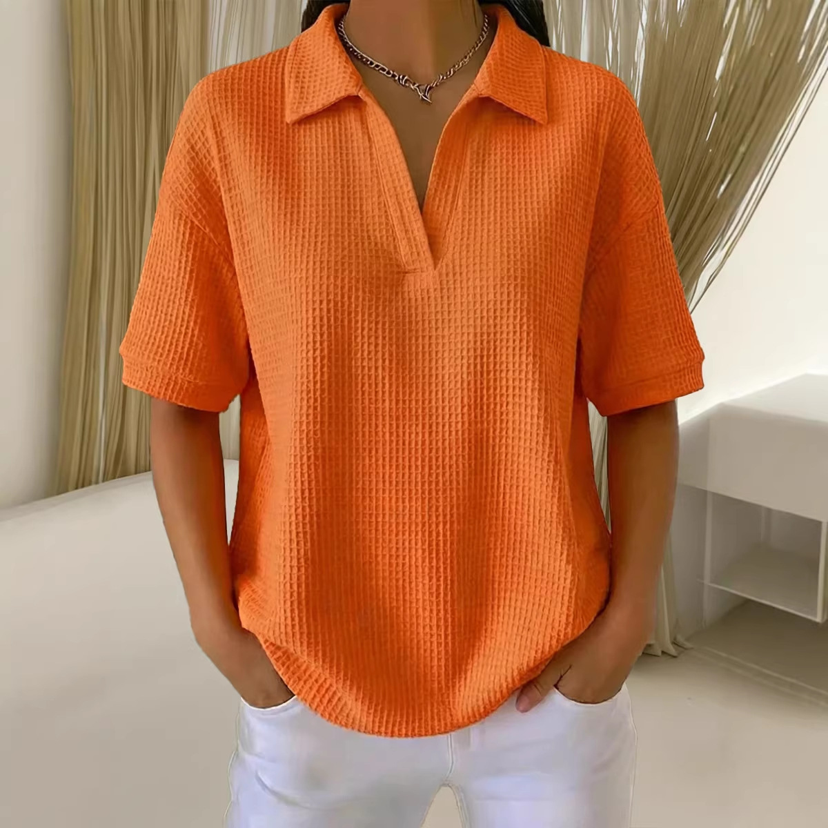 V Neck Waffle Knit Solid Color Loose Fitting Pullover Top