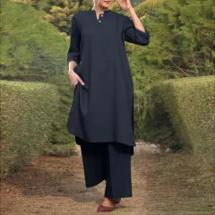 Sports Cotton And Linen V-neck 34 Sleeve Wide-brimmed Trousers 2-piece Set - Dark Blue - View 1