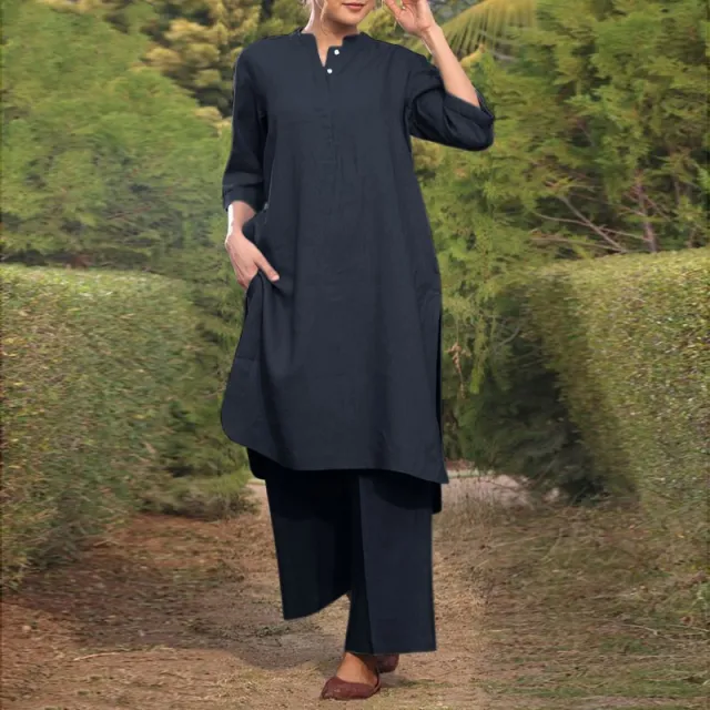Sports Cotton And Linen V neck 34 Sleeve Wide brimmed Trousers 2 piece Set Dark Blue - Shop at LoveMi