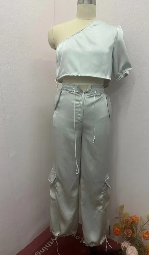 Fashion Diagonal Collar Raglan Sleeve Top And Trousers Two piece Set White - Shop at LoveMi