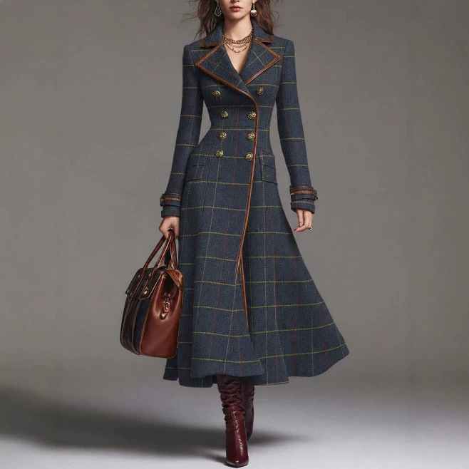 Retro Plaid Double-Breasted Long Coat