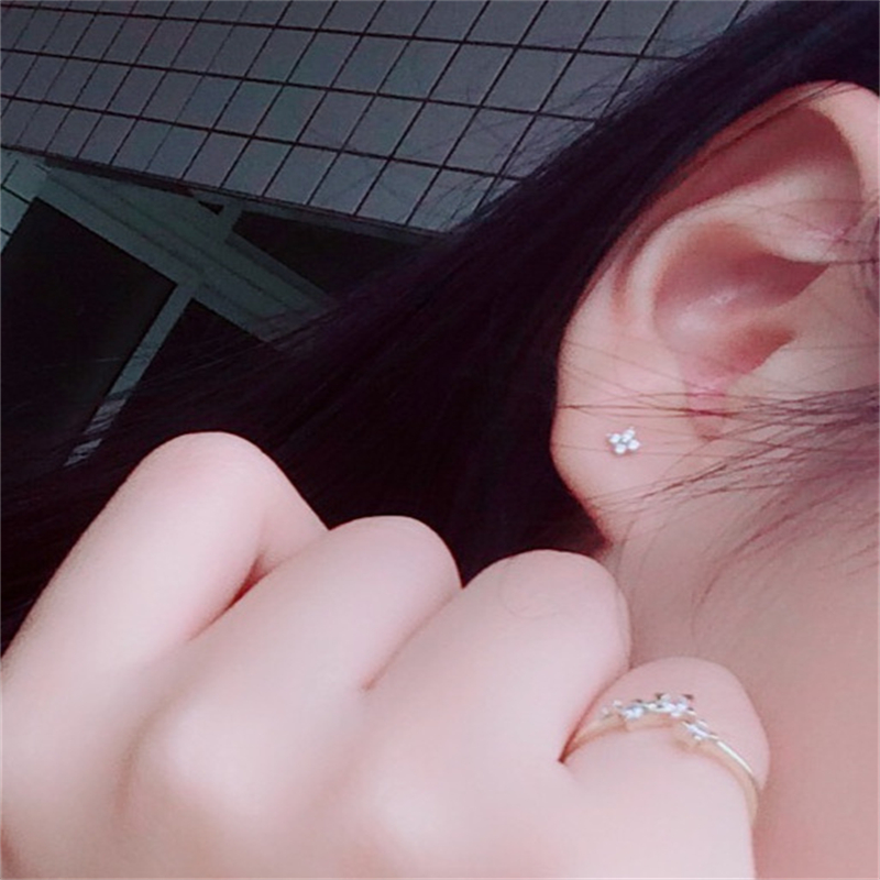 Pure 9k Gold Zircon Inlaid Diamond Style Four Small Flower Ear Studs Earrings