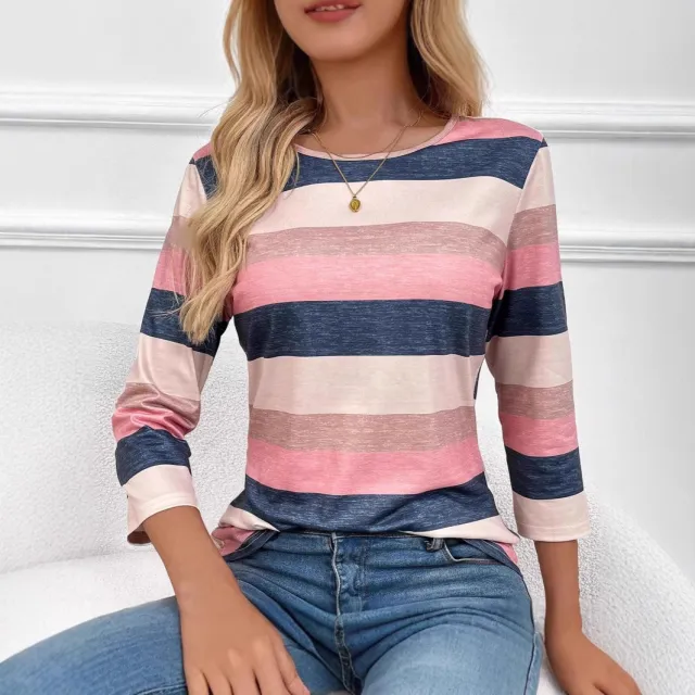 Casual Color Gradient Round Neck Long Sleeve T shirt Stripes - Shop at LoveMi