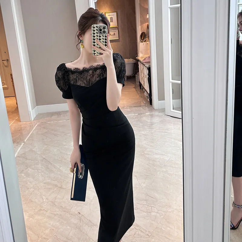Off-neck Lace Stitching High Waist Crimp Dress