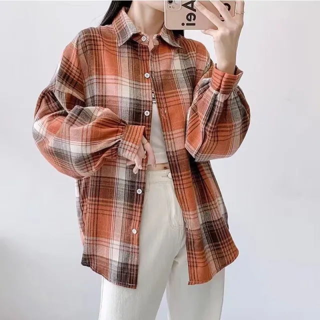 Loose fitting Korean style Plaid Shirt For Women Orange - Shop at LoveMi