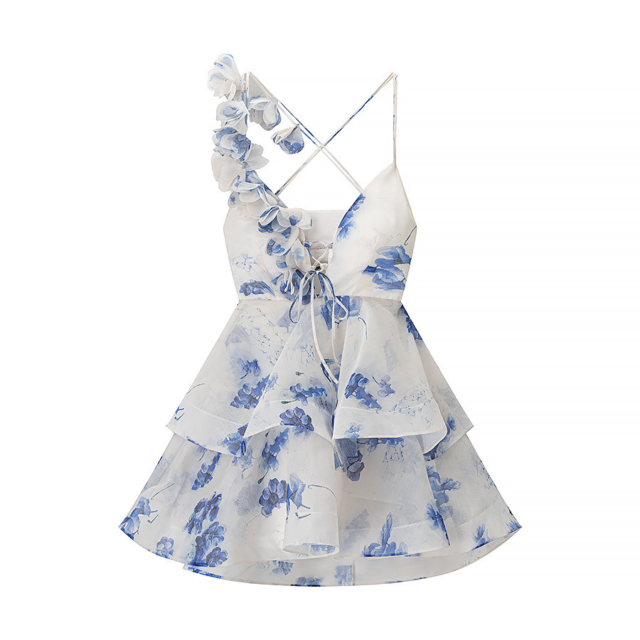 New Summer Three dimensional Flower Waist Trimming Short Sling Dress Blue - Shop at LoveMi