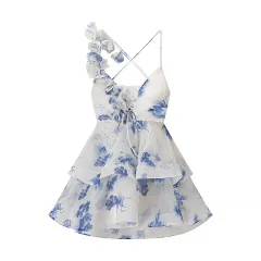 New Summer Three-dimensional Flower Waist Trimming Short Sling Dress - Blue - View 1