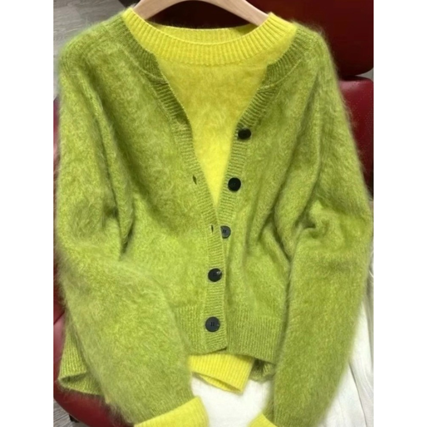 Avocado Green Layered Knit Cardigan Two-Piece Set
