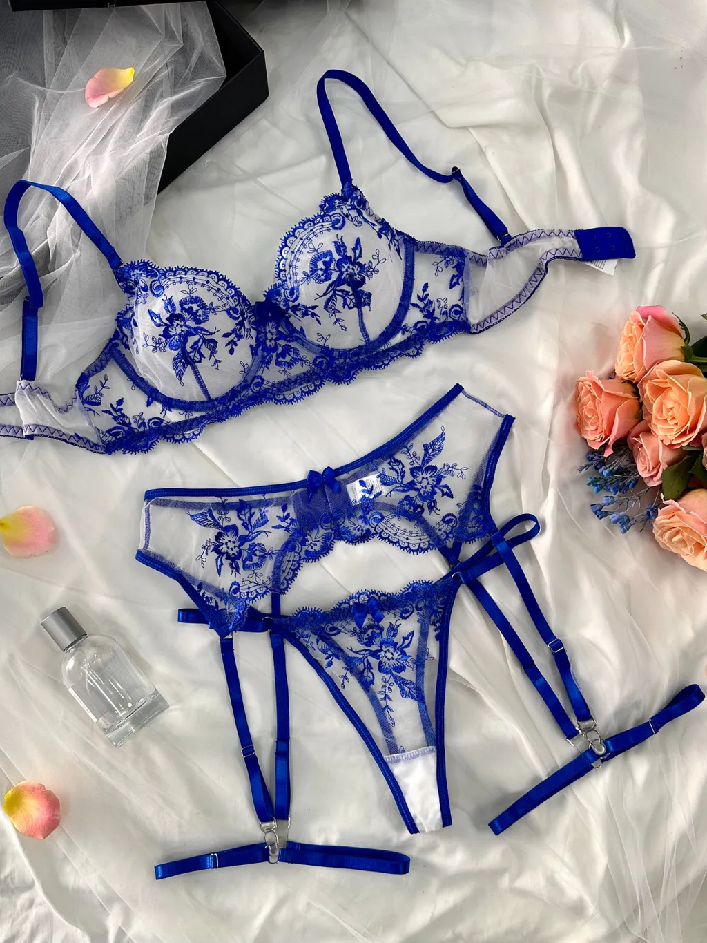 Underwear Embroidery See-through With Cutout Suit Women - Blue
