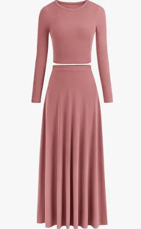 Casual Rib Knitted Long Sleeves Cropped Top Extra Long Piaise Skirt With Suit Lotus Root Color M - Shop at LoveMi