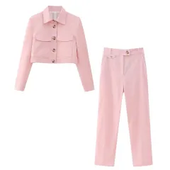 Women's Linen Short Suit Coat Straight-leg Trousers Suit - Set-L - View 1
