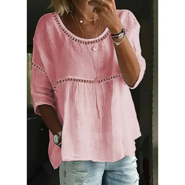 Women's Solid Color Round Neck Hollowed Leisure Top Pink - Shop at LoveMi