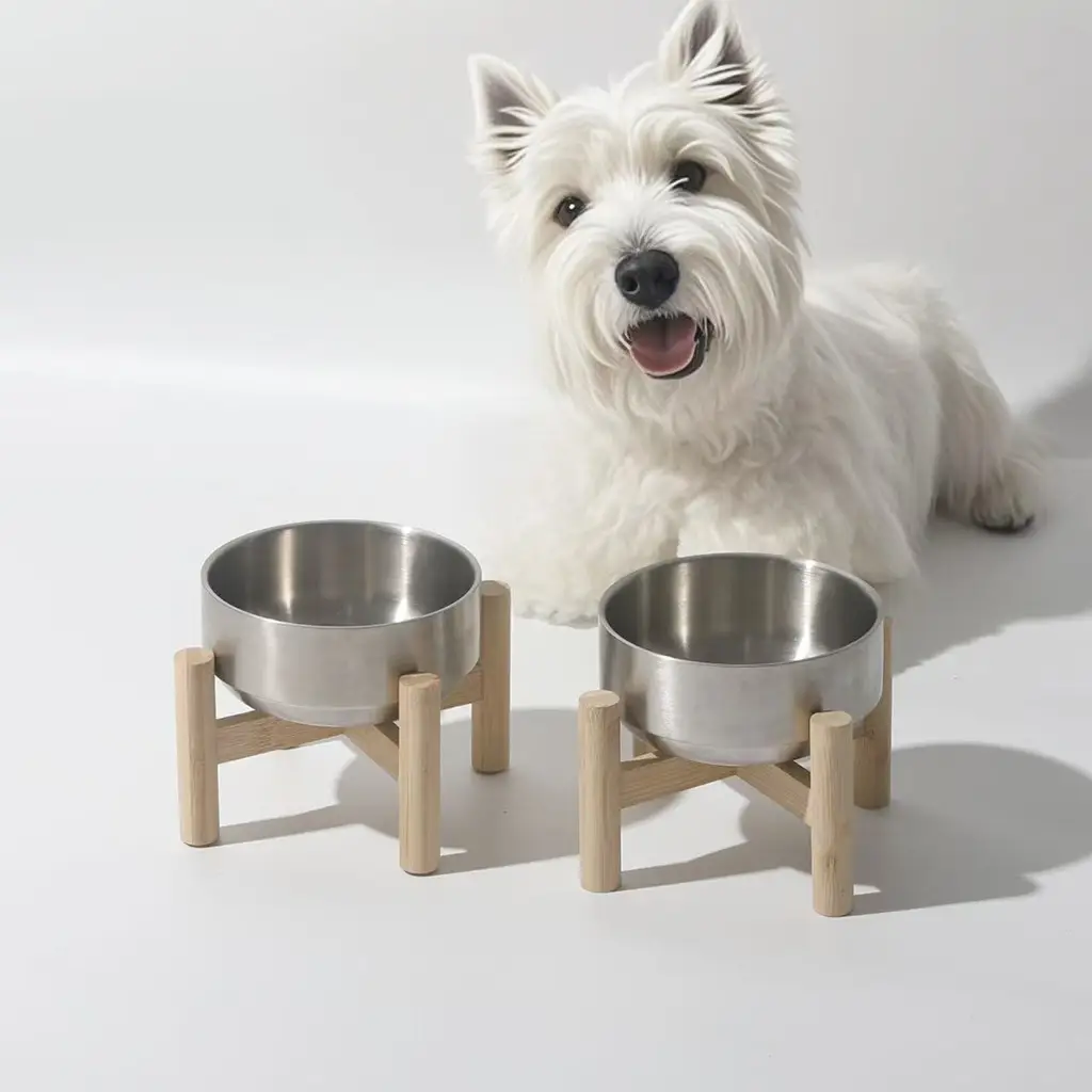 Stainless Steel Cat Bowl On A Raised Wooden Stand To Prevent Tipping