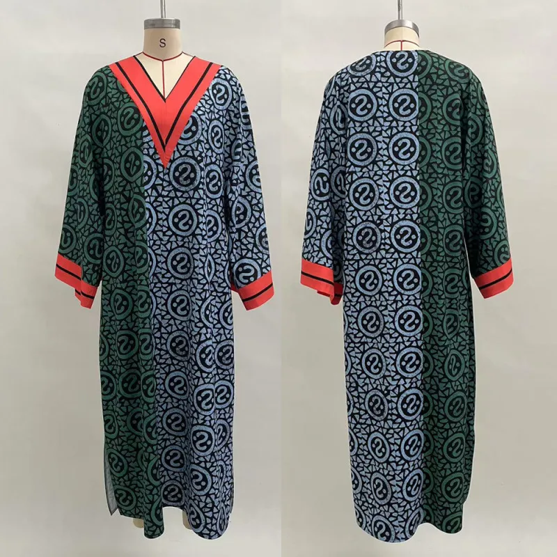 Women's Digital Print Color Block Dress - Green