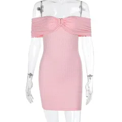 Socialite Style Elegant Slim-fit Off-shoulder Hip Skirt For Women - Pink - View 1