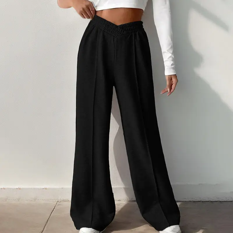 European And American Style Casual Simple High-Waist Wide-Leg Pants For Women