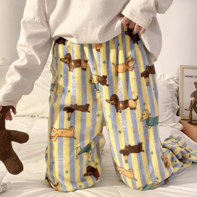 Flannel Pajamas Women Autumn Winter Fleece lined Thickened Casual Cartoon Home Pants Striped Sausage Dog - Shop at LoveMi