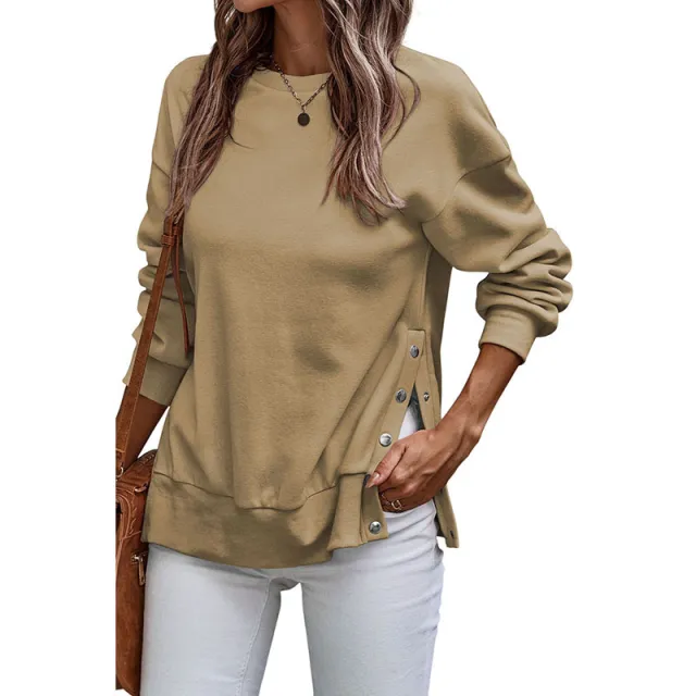 Solid Color Pullover Women's European And American Leisure Style Slit Loose Flab Hiding Long Sleeve Bathroom Lc25316883P17Color L - Shop at LoveMi
