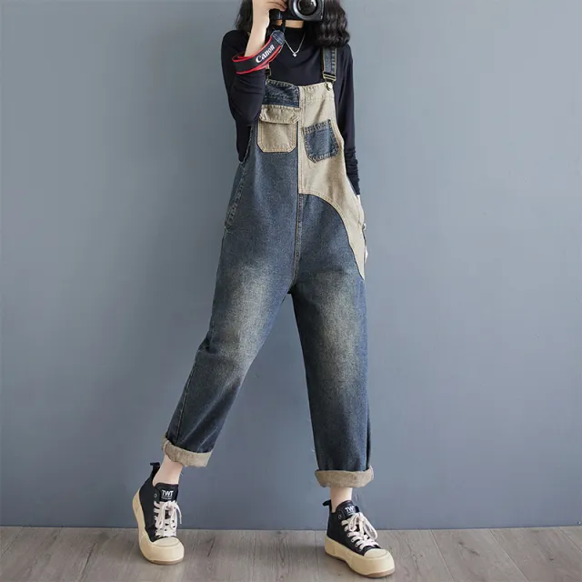 Autumn New Plus Size Loose Denim Suspender Pants Retro Blue - Shop at LoveMi