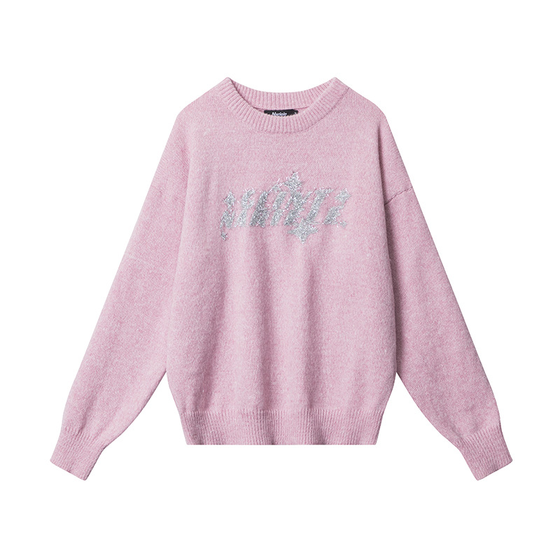 Fashion Letter Embroidery Sweater Round Neck Pullover Loose Sweater Pink - Shop at LoveMi
