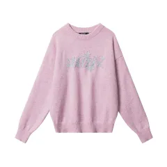 Fashion Letter Embroidery Sweater Round Neck Pullover Loose Sweater - Pink - View 1