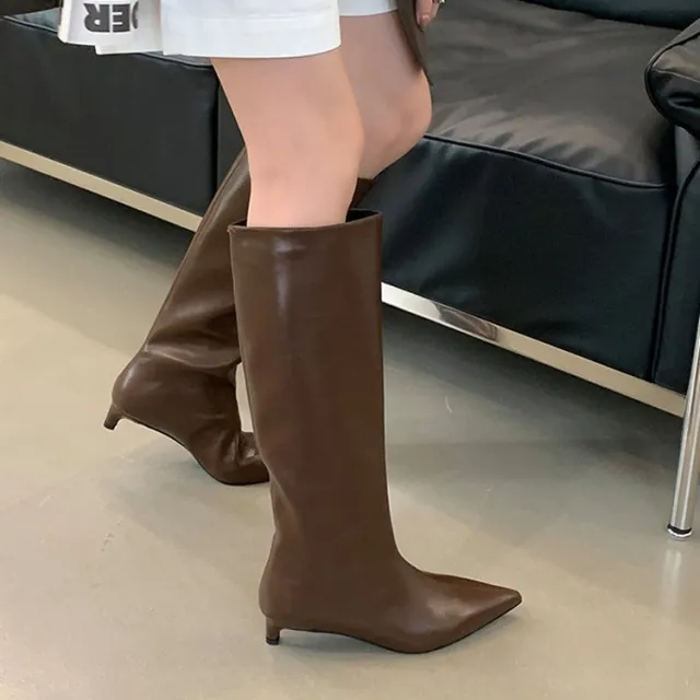 New Fallwinter Pointed toe Wide calf, Knee high Kitten heel Riding Boots Brown - Shop at LoveMi