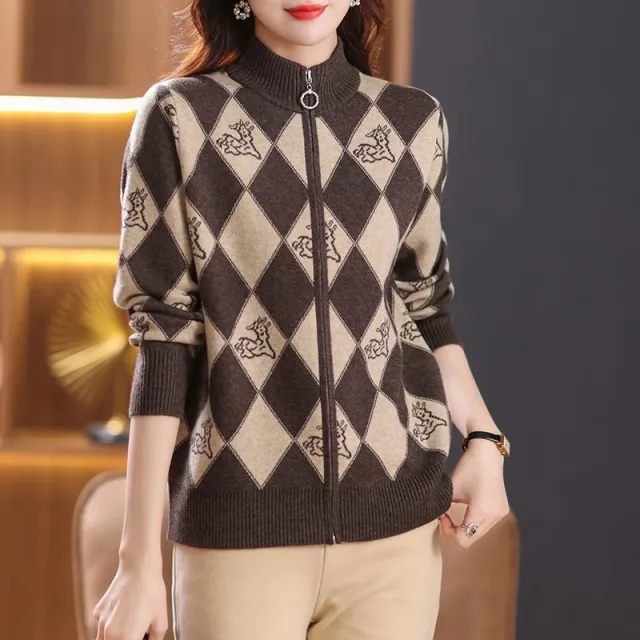 Design Sense Niche Zipped Stand Collar Loose Sweater Brown - Shop at LoveMi