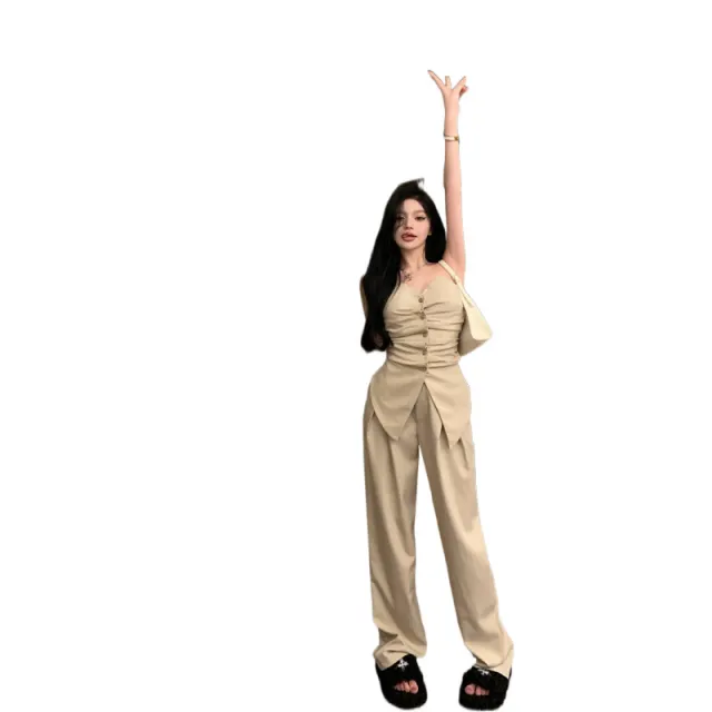 Suit Women's Pleated Tube Top Wide Leg Pants Top Wide Leg Pants Camel - Shop at LoveMi