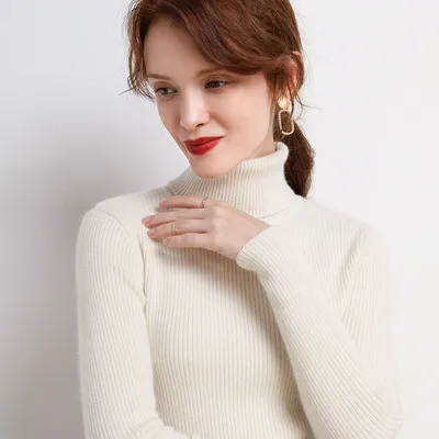 Women's Turtleneck Winter Thickened Base Slim Fit Inner Wear Woolen Sweater - White