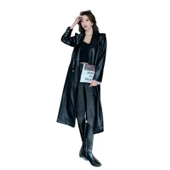 Fashionable Elegant Leather Coat Trench Coat For Women Lace-up Waist-controlled Long-cut Coat - Black - View 1