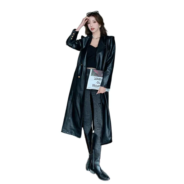 Fashionable Elegant Leather Coat Trench Coat For Women Lace up Waist controlled Long cut Coat Black - Shop at LoveMi