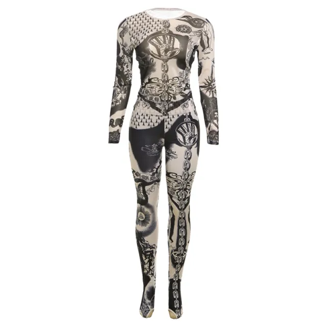 Women's Fashion Personality Street Digital Printing High Waist Tight Trousers Suit Blue - Shop at LoveMi