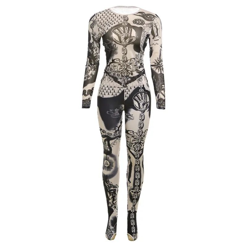 Women's Fashion Personality Street Digital Printing High Waist Tight Trousers Suit - Blue