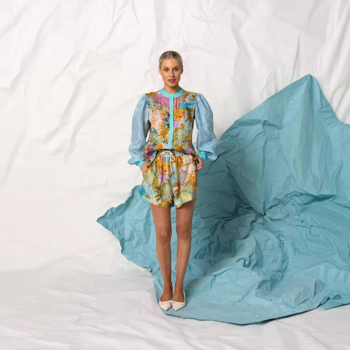 Casual Long Linen Sleeves Shirt Shorts Suit