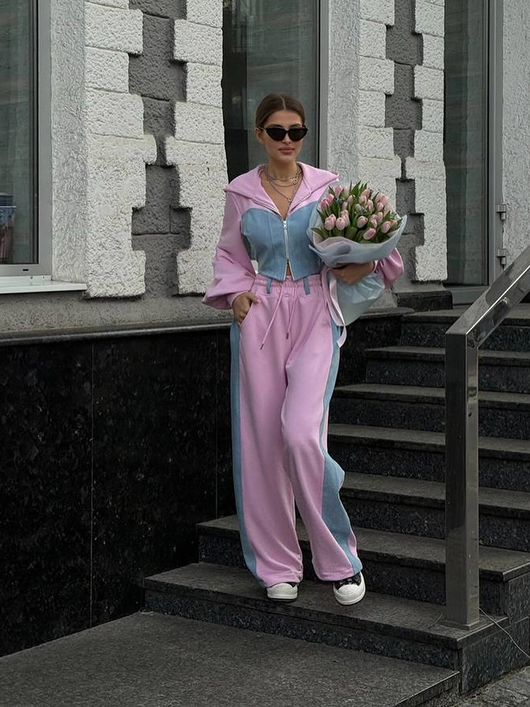 Fashion Casual Sweater Suit Denim Stitching Hooded Top And Trousers Women's Clothing