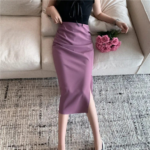One Step Skirt Hip Skirt Slimming Mid length Skirt High Slit Purple - Shop at LoveMi