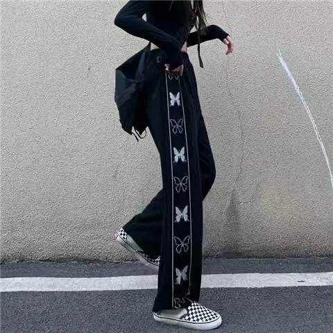 Spring And Autumn Korean Style INS Trendy Retro Butterfly Print Large Size Wide Leg Casual Trousers Black - Shop at LoveMi