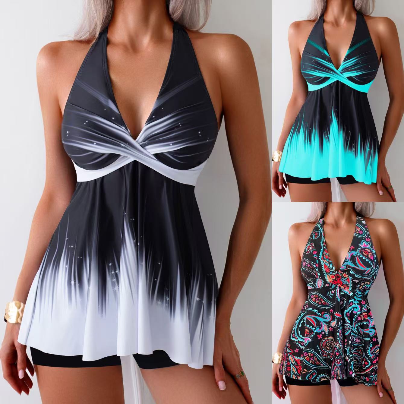 With Chest Pad Lace Printing Conservative Hot Spring Bathing Suit