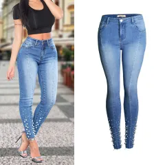 Popular Bead Nail Skinny Denim Stretch Slim Jeans - Blue - View 1