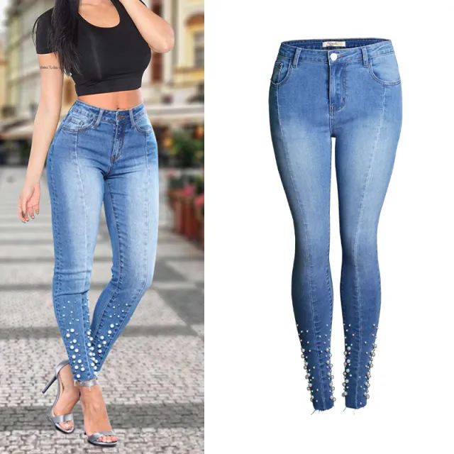 Popular Bead Nail Skinny Denim Stretch Slim Jeans Blue - Shop at LoveMi