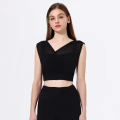 European And American Mesh Yarn False Two Pieces Sports Top For Women - Black - View 1