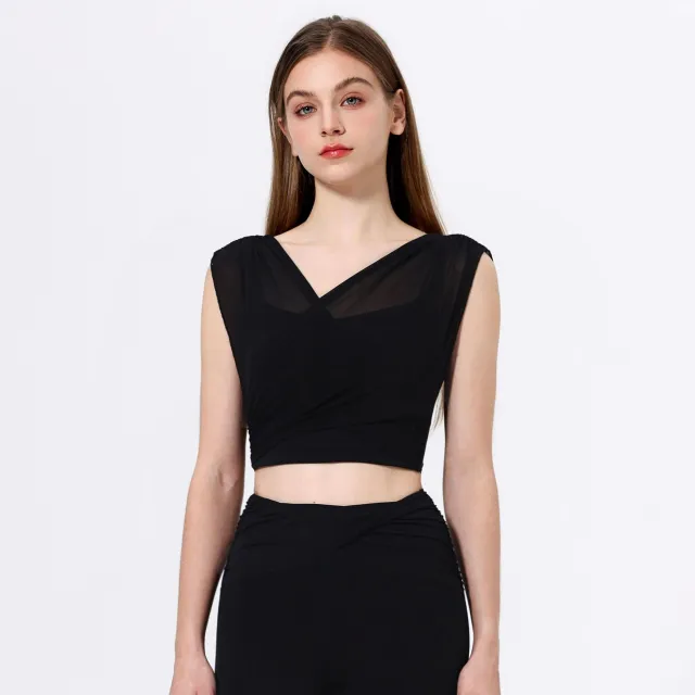 European And American Mesh Yarn False Two Pieces Sports Top For Women Black - Shop at LoveMi