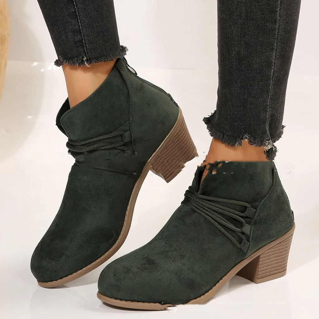 Mid Heel Boots Women's Chunky Heel Martin Boots - Green
