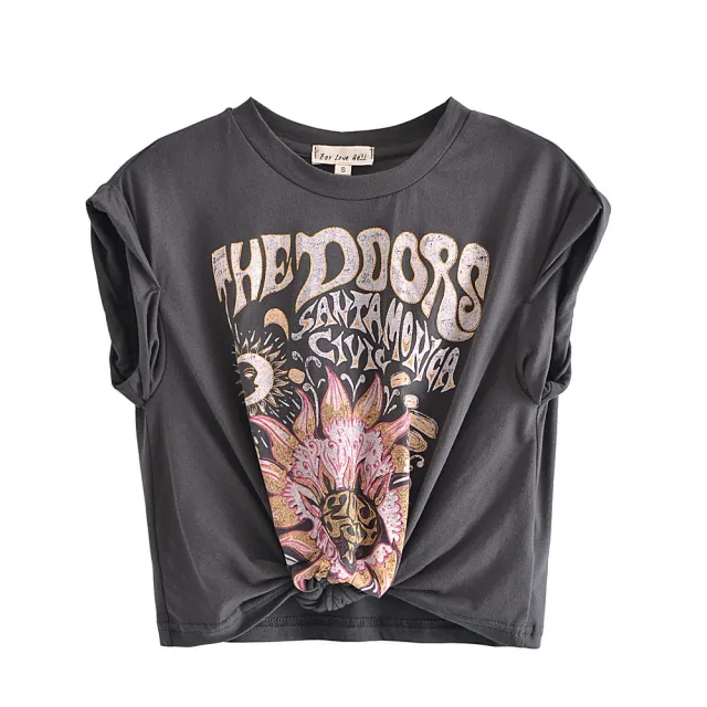 Women's Round Neck Short Sleeve Hem Bow Tie Printed T shirt Picture Color L - Shop at LoveMi