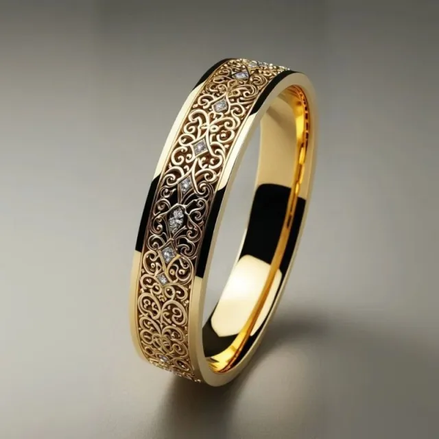 Carved Diamond Encrusted Zirconium Unisex Light Luxury Fashion Ring Gold - Shop at LoveMi