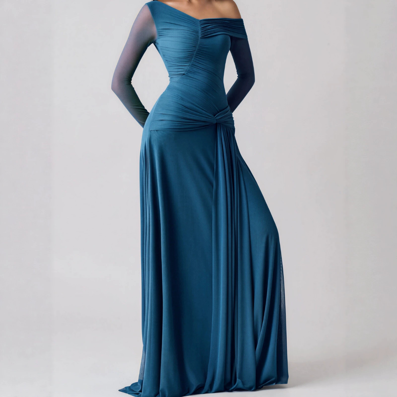 Asymmetrical One-Shoulder Sheer Mesh Mermaid Dress With Side-Twist Ruching And A Waist Cinch For Women