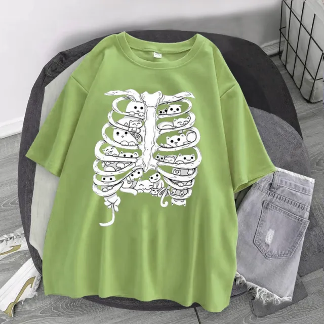Skeleton Cat Gothic Print Round Neck Loose Men's And Women's T shirt Short Sleeve Lu Xl - Shop at LoveMi