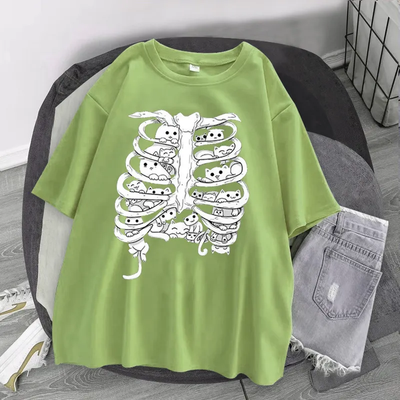 Skeleton Cat Gothic Print Round Neck Loose Men's And Women's T-shirt Short Sleeve - Lu-Xl