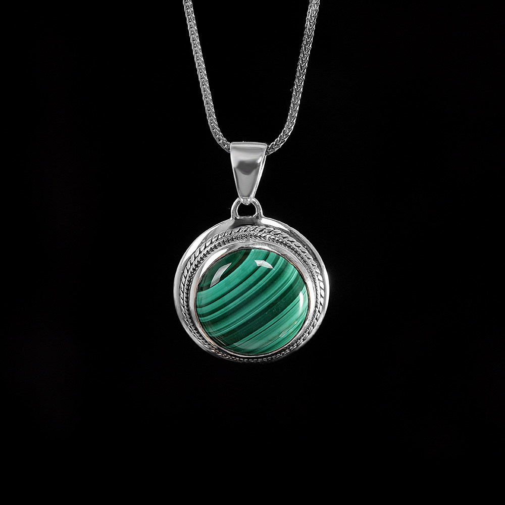 S925 Sterling Silver Simple Malachite Inlaid Pendant